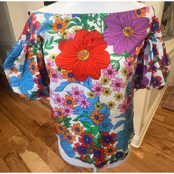 H&M Multicolor Puffy Sleeve Wide Neck Top - Size 4 - Picture 3 of 5